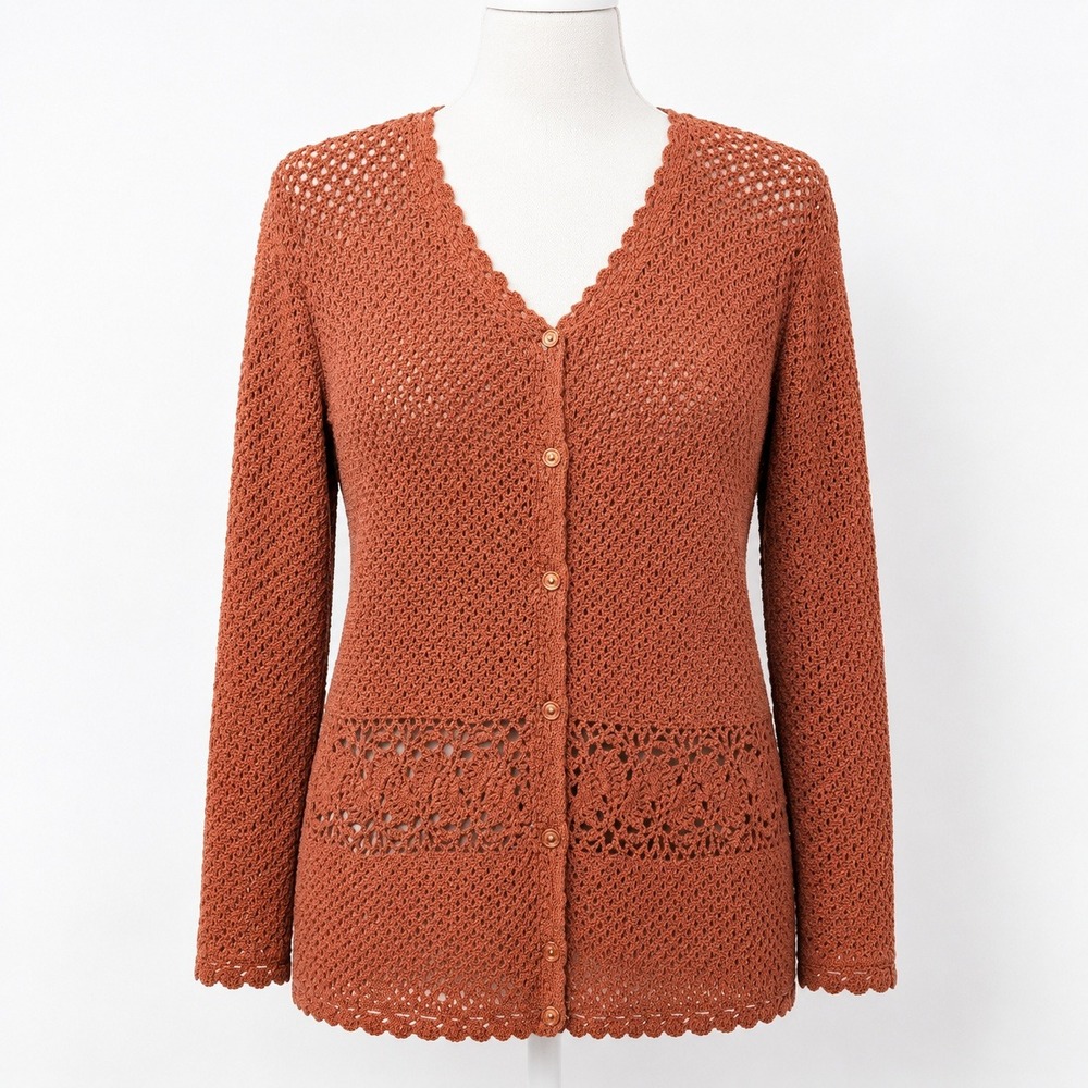 Vintage Y2K Floral Crochet Knit Button Cardigan Sweater Sz XL Orange Cottagecore